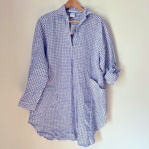 The Company Store Linen Blue White Check Tunic Shirt Pocket Dress Coastal L NEW
